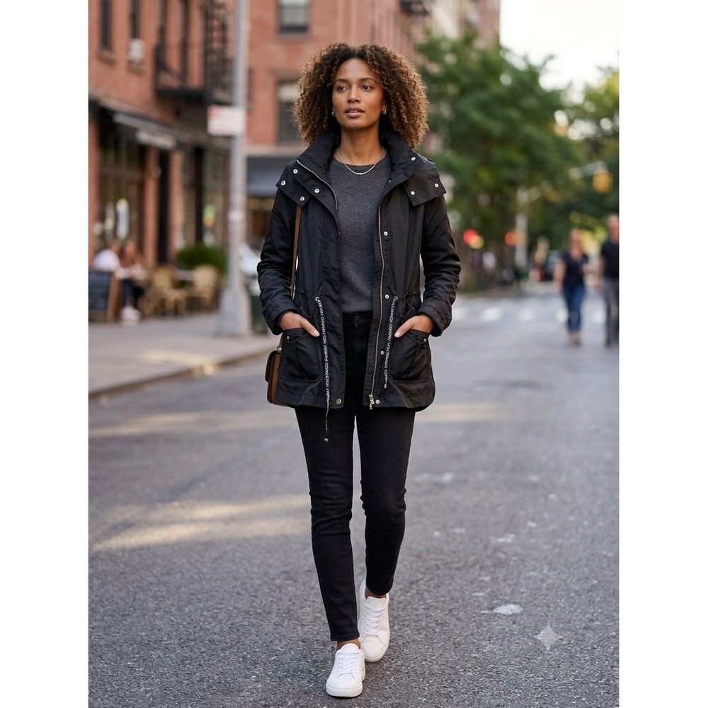 French Connection Womens Black‎ Anorak Hooded Utility Jacket Drawstring Small